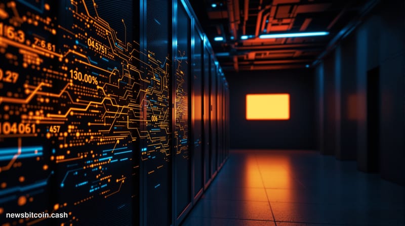Cinematic photorealistic editorial photograph shot at low angle, looking up at a stark server rack corridor bathed in cold bl