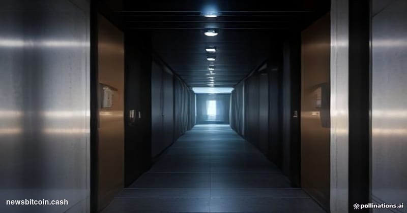 Cinematic photorealistic editorial photograph shot at a low angle looking up at Blockstream's corporate office entrance at du