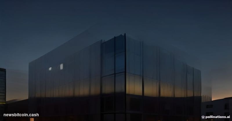 Cinematic photorealistic editorial photograph of Blockstream's Austin, Texas office exterior at dusk, shot from a low angle l