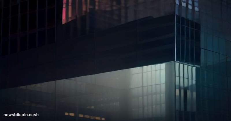 Cinematic photorealistic editorial photograph of a sleek, glass-fronted financial district office tower at dusk, the building