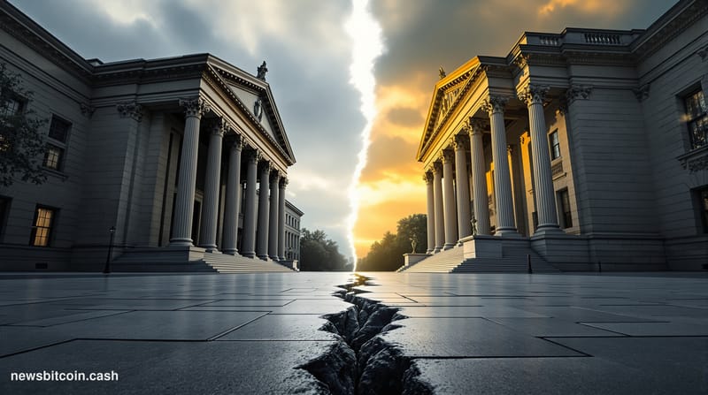 Cinematic photorealistic editorial photograph of two monumental neoclassical bank buildings facing each other across a dramat