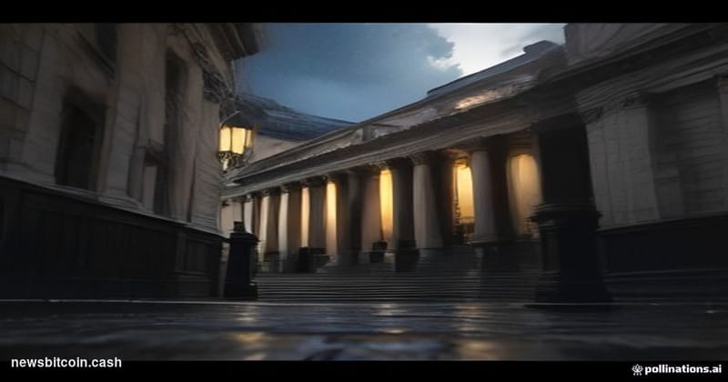 Cinematic photorealistic editorial photograph of the Bank of England's iconic neoclassical Threadneedle Street facade in the 