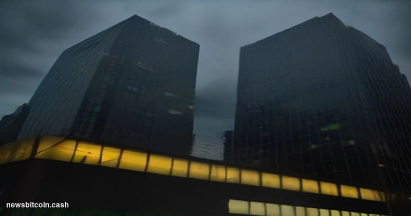 Cinematic photorealistic editorial photograph of a grand modernist Brazilian bank headquarters in São Paulo's financial distr