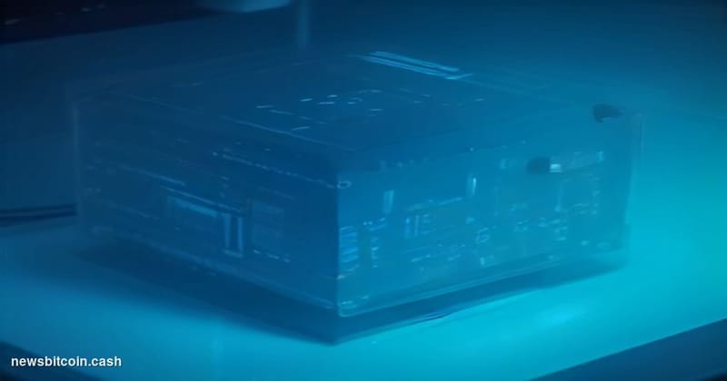 A cinematic photorealistic editorial photograph of a sleek quantum computing laboratory rendered in cool blue tones, with a l