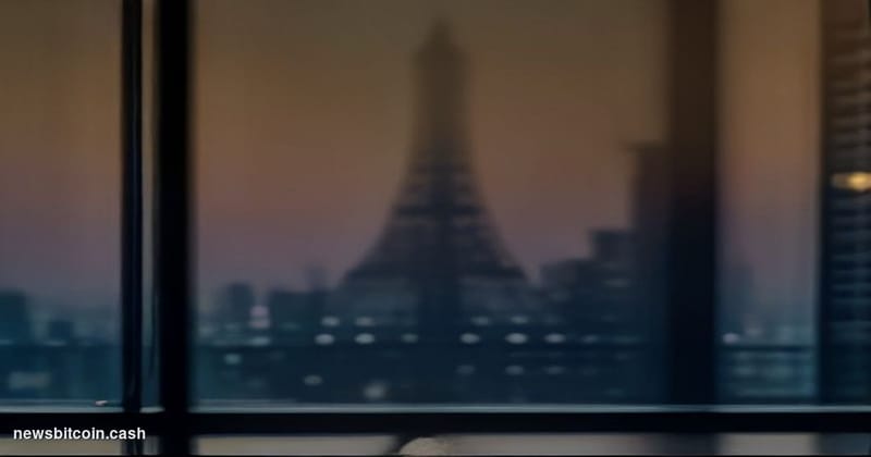 Cinematic photorealistic editorial photograph of a sleek Parisian financial district exterior at dusk, the Eiffel Tower subtl