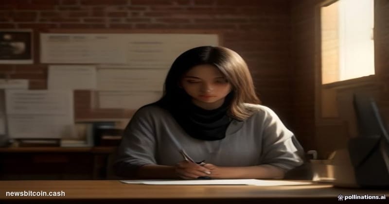 A cinematic photorealistic editorial photograph set inside a sparse, dimly lit nonprofit office space — worn wooden desks, mo