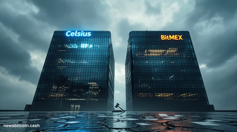 Cinematic photorealistic editorial photograph shot at low angle looking up at two weathered corporate office building facades
