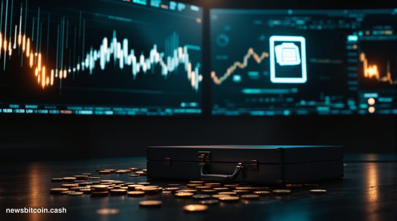 Cinematic photorealistic editorial photograph of a crumbling, darkened trading floor environment with two large digital scree