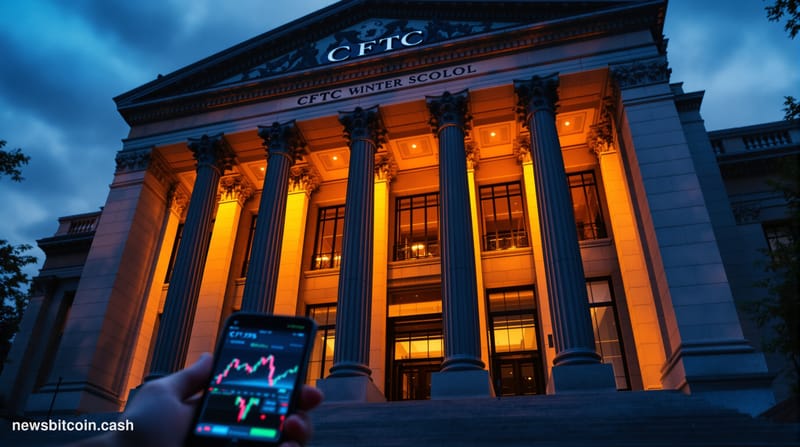 A cinematic photorealistic editorial photograph of the exterior of the CFTC's Washington D.C. headquarters building at dusk, 