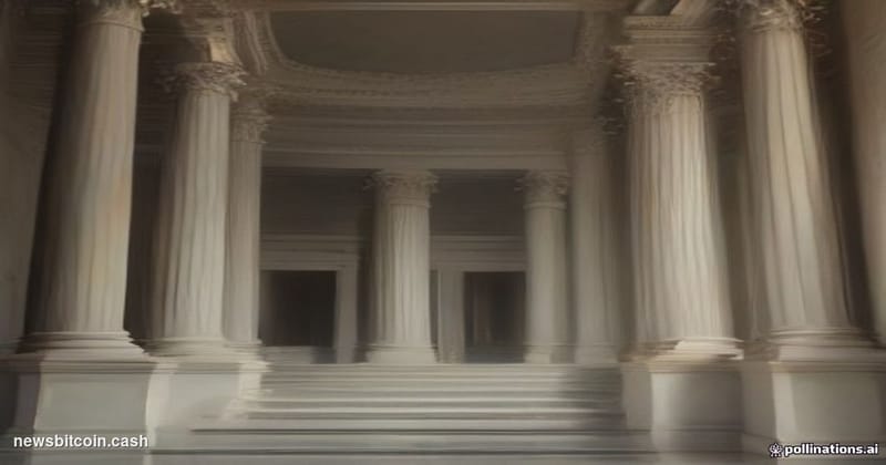 A cinematic photorealistic editorial photograph shot from a low angle looking up at the imposing neoclassical marble facade o