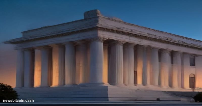 Cinematic photorealistic editorial photograph of the Herbert C. Hoover Building — the U.S. Department of Commerce headquarter