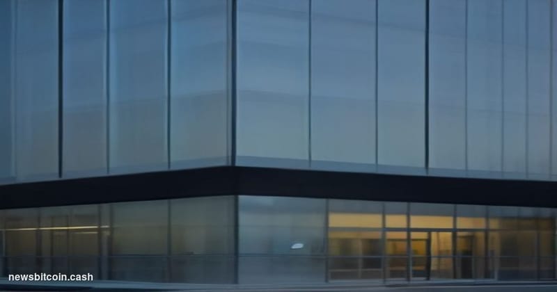 Cinematic photorealistic editorial photograph of a modern American bank branch exterior at dusk, shot from a low angle lookin
