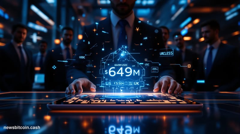 Cinematic photorealistic editorial photograph of a sleek modern financial technology operations center at night, with large c