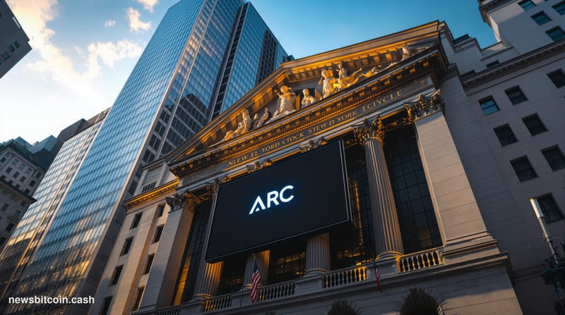 Cinematic photorealistic editorial photograph of the New York Stock Exchange building on Wall Street in the foreground, its i