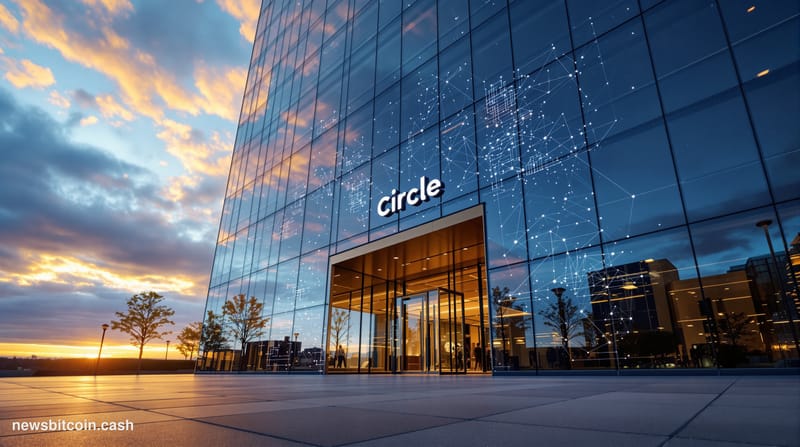 Cinematic photorealistic editorial photograph of Circle's corporate office exterior in Boston, Massachusetts, shot from a low