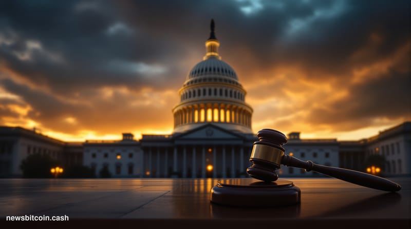A cinematic photorealistic editorial photograph of the U.S. Capitol building at dusk, shot from a low angle looking up along 