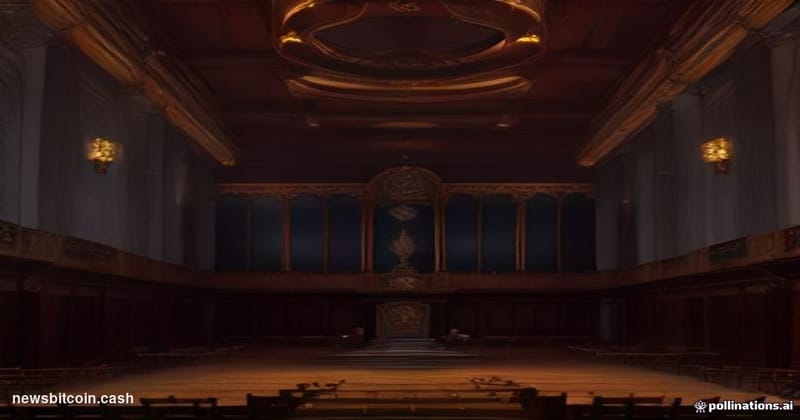 A cinematic photorealistic editorial photograph of the United States Senate chamber interior, shot from a low angle looking u