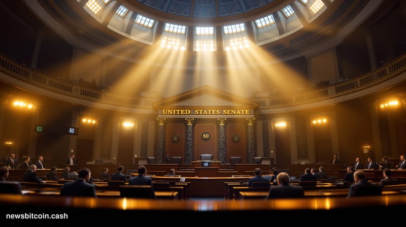 Cinematic photorealistic editorial photograph of the United States Senate chamber interior, shot from a low angle looking tow
