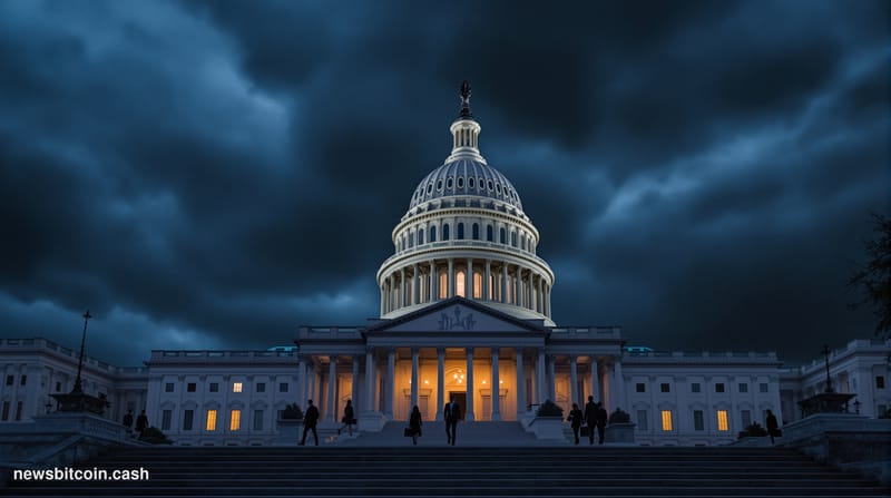 Cinematic photorealistic editorial photograph of the United States Capitol building at dusk, shot from a low angle looking up