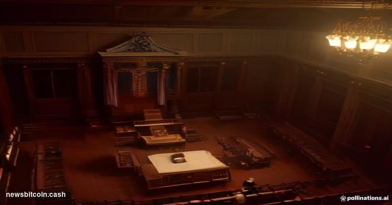 Cinematic photorealistic editorial photograph of the United States Senate chamber interior, shot from a low angle looking tow