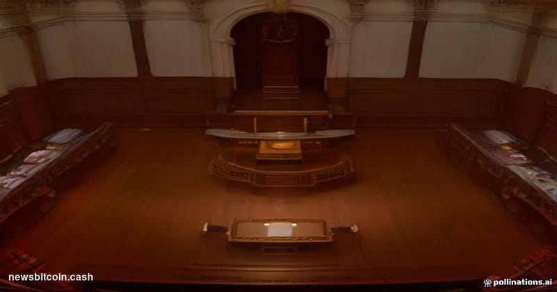 A wide-angle cinematic shot of the United States Senate chamber interior, dramatically lit from above with golden overhead li