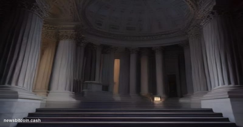 Cinematic photorealistic editorial photograph of the United States Capitol building at dusk, shot from a low angle looking up