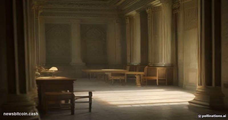 A cinematic photorealistic editorial photograph shot inside a grand, marble-columned U.S. Senate chamber corridor, dramatical