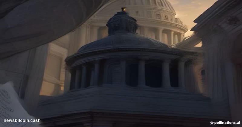 A cinematic photorealistic editorial photograph shot from a low angle looking up at the imposing neoclassical facade of the U
