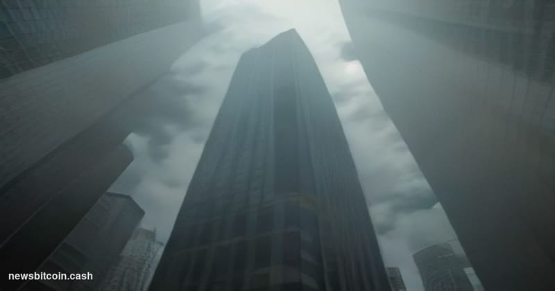 Cinematic photorealistic editorial photograph of the CME Group headquarters in Chicago, Illinois — the iconic glass-and-steel
