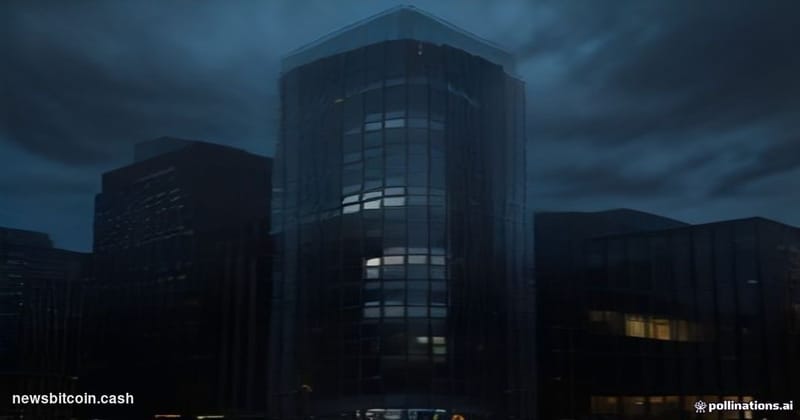 Cinematic photorealistic editorial photograph of the Coinbase San Francisco headquarters exterior at dusk, dramatic low-angle