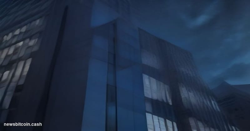 Cinematic photorealistic editorial photograph of the Coinbase San Francisco headquarters exterior at night, shot from a low a