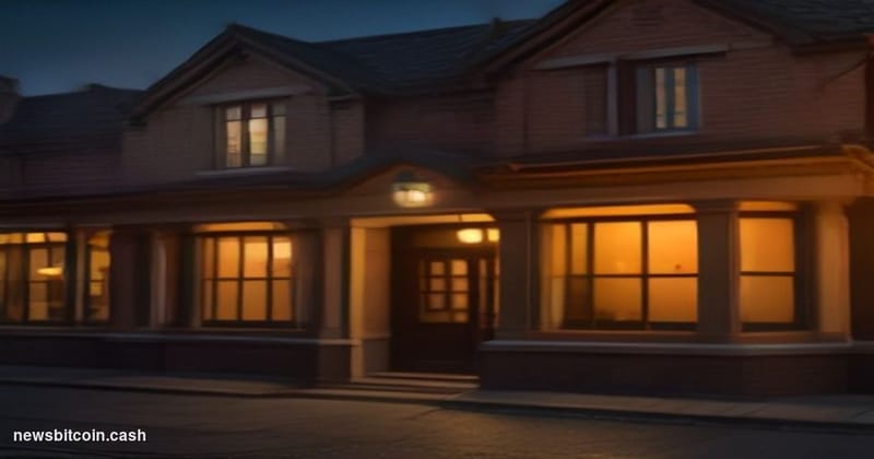Cinematic photorealistic editorial photograph of a classic American community bank branch exterior at dusk, warm amber street
