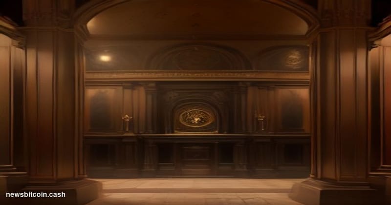 A cinematic photorealistic editorial photograph set inside a grand, vault-like space that evokes both the centuries-old Lloyd