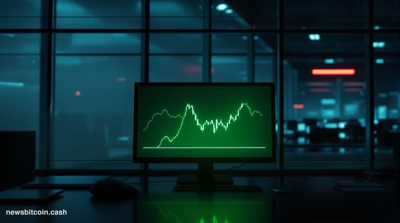 Cinematic photorealistic editorial photograph of a darkened cryptocurrency exchange trading floor or operations center, shot 