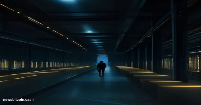 Cinematic photorealistic editorial photograph of a large-scale Bitcoin mining facility interior at night, rows of ASIC mining