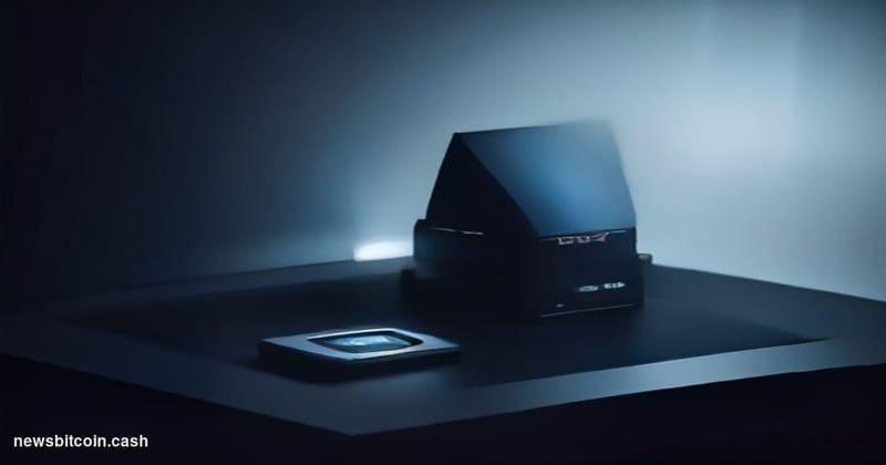 Cinematic photorealistic editorial photograph of a physical Coldcard hardware wallet device sitting on a dark matte surface, 