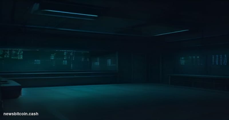 Cinematic photorealistic editorial photograph of a dark, moody server room environment with dual monitors displaying blockcha