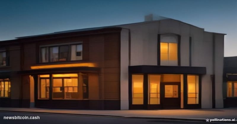 A cinematic photorealistic editorial photograph of a small-town community bank branch exterior at dusk, warm amber interior l