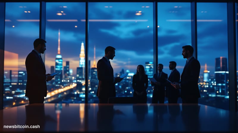 Cinematic photorealistic editorial photograph of a sleek, minimalist institutional trading floor bathed in cool blue-white am
