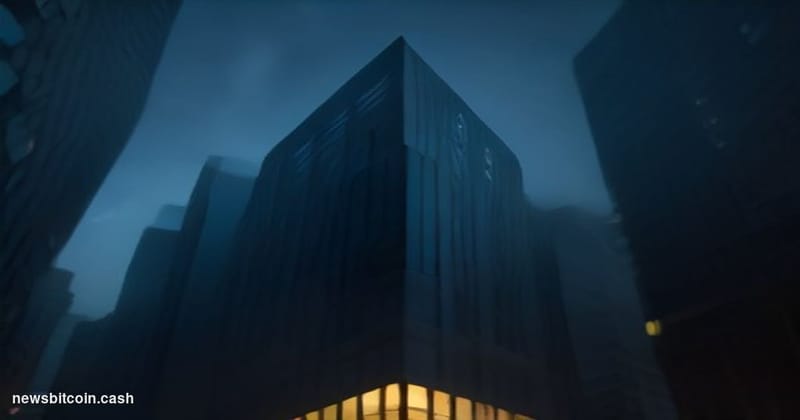Cinematic photorealistic editorial photograph of a sleek modern corporate headquarters exterior at dusk, dramatically split d