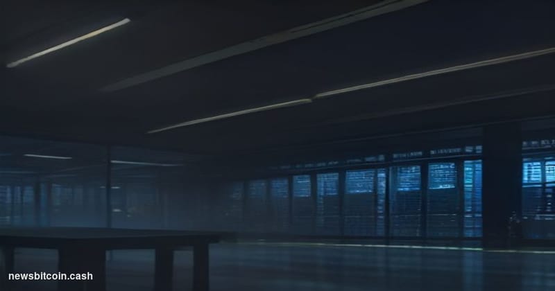 A cinematic photorealistic editorial photograph of a server room in dramatic, moody lighting — rows of glowing rack-mounted v