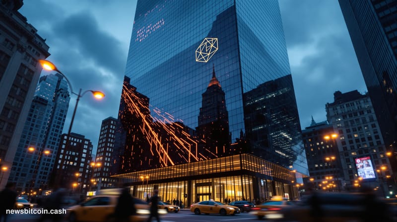 A cinematic photorealistic editorial photograph shot from a low angle looking up at a dark glass-and-steel corporate headquar