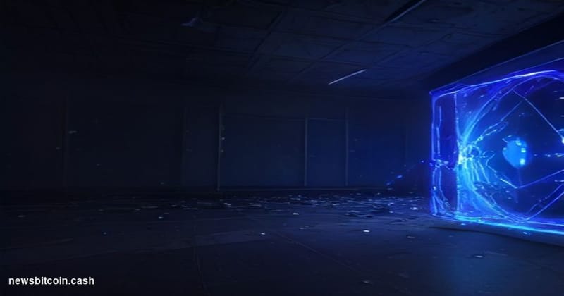 Cinematic photorealistic editorial photograph of a cracked and shattered digital vault door set against the deep purple-blue 