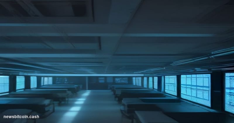 Cinematic photorealistic editorial photograph of a sleek, modern data center interior bathed in cool blue ambient light, with
