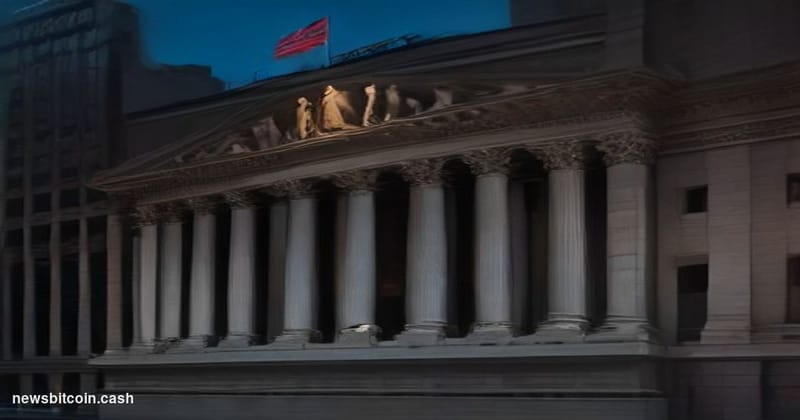 Cinematic photorealistic editorial photograph of the New York Stock Exchange building on Wall Street at dusk, its neoclassica