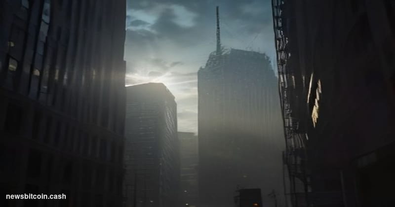 A cinematic photorealistic editorial photograph shot at ground level looking up at a collapsed and partially rebuilt concrete