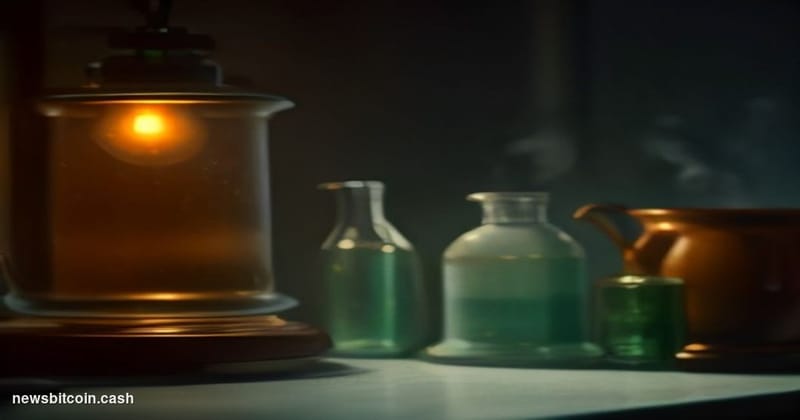 A cinematic photorealistic editorial photograph of a vintage 1990s-era glass coffee pot sitting on a worn laboratory counter,