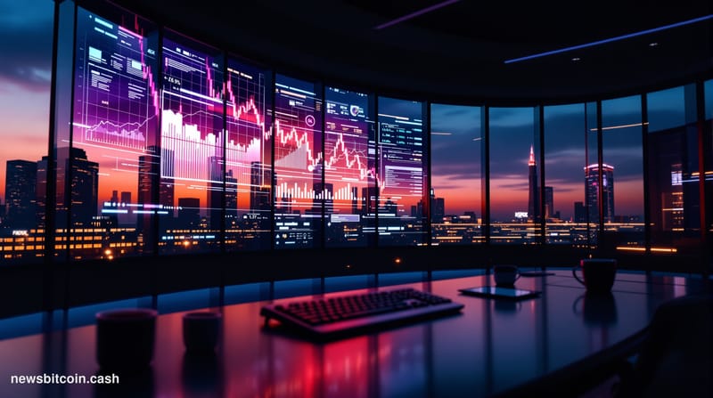A cinematic photorealistic editorial photograph depicting a sleek digital newsroom environment bathed in deep navy and amber 