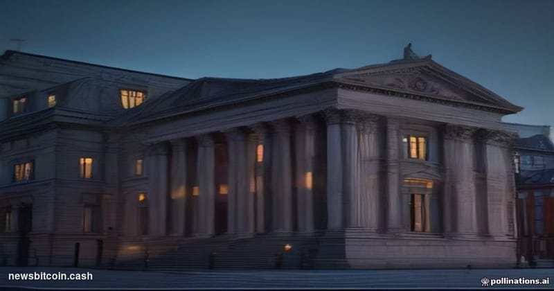 Cinematic photorealistic editorial photograph of the Danish National Bank's neoclassical Copenhagen headquarters at dusk, sho