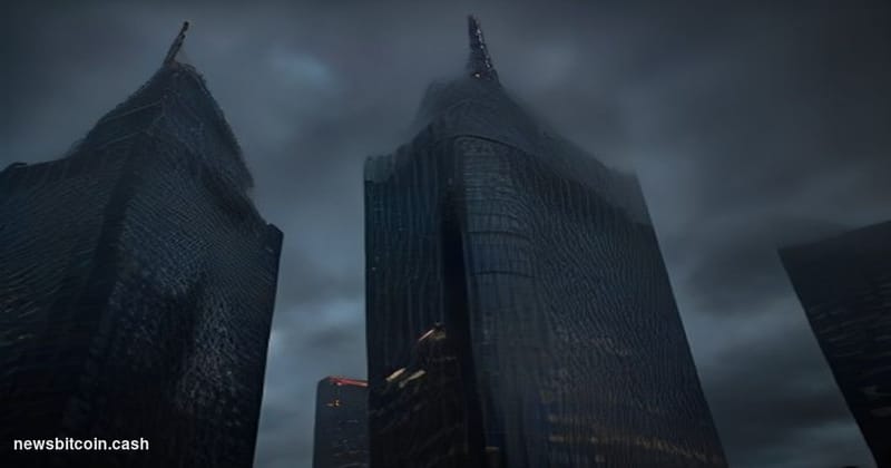 Cinematic photorealistic editorial photograph of Deutsche Bank's twin-tower headquarters in Frankfurt, Germany, shot from a l